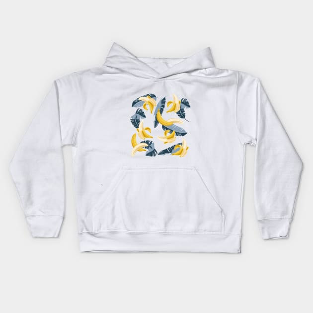 In the shade of banana tree // print // white background dark pastel and navy blue leaves Kids Hoodie by SelmaCardoso